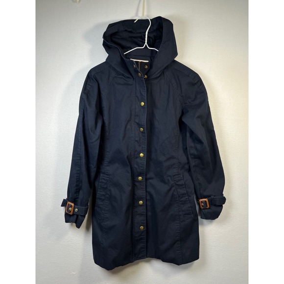 Banana Republic Jackets & Blazers - Banana Republic SMALL Navy Blue Hooded Twill Coat Zip Snap Below Knee Belt